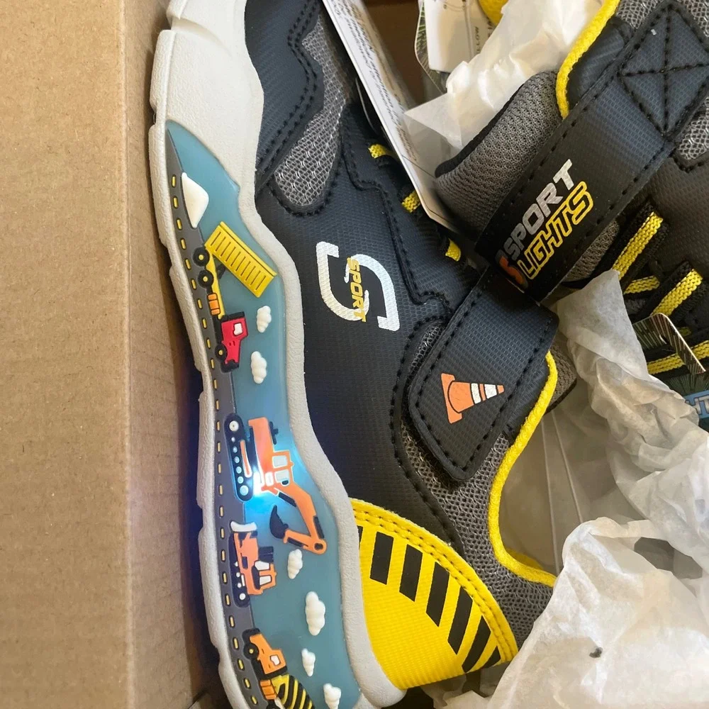 Skechers S-Lights Boys Construction Light Up Sneakers Black Yellow Kids Size 10